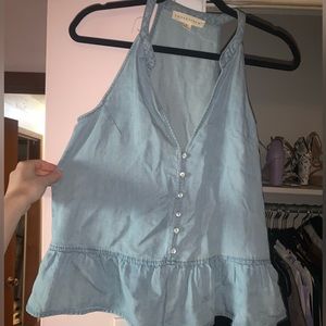 Denim tank top with button and ruffle detail